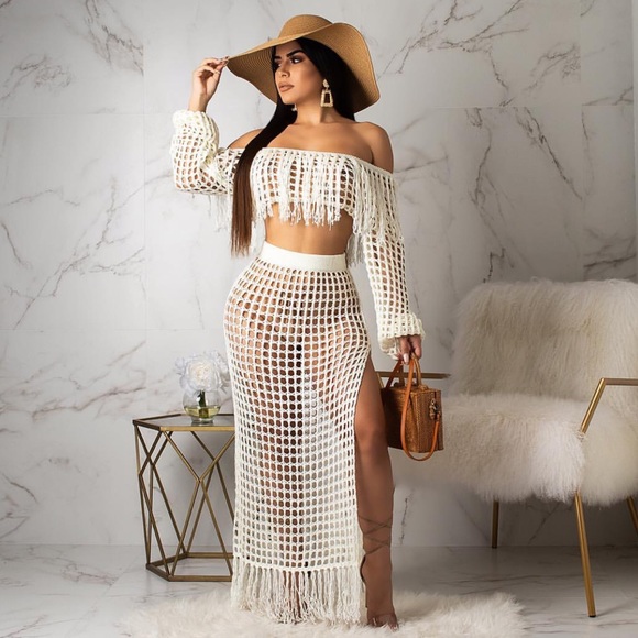 Beach Cover Up Crochet Fringes Maxi Skirt Set - Picture 4 of 5